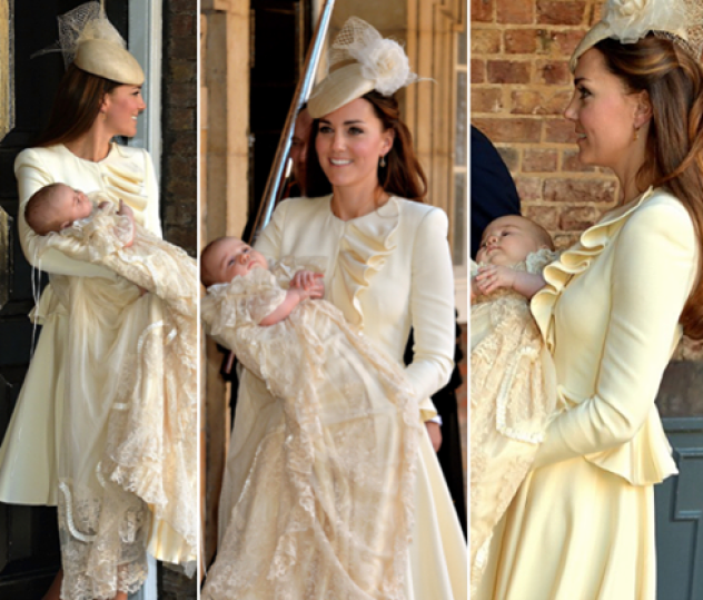 Kate Middleton ha scelto Alexander McQueen anche per il battesimo del principino George, con una stupenda giacca color avorio, cappello di Jane Taylor e scarpe Russel & Bromley
