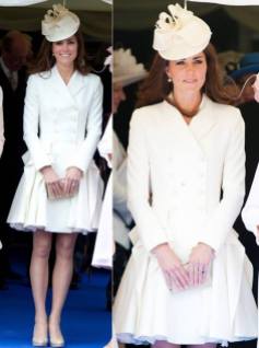 Stesso cappottino di Mc Queen riutilizzato per la cerimonia dell'Order of the Garter, questa volta abbinato con cappellino bianco di Jane Corbett, scarpe e clutch nude L.K. Bennett. Sotto, Kate indossava un abito di Reiss.