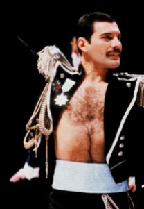 Freddie Mercury al Fashion Aid, evento di beneficenza in favore dell'Etiopia che si tenne alla Royal Albert Hall nel 1985. La giacca che indossava fu disegnata dagli Emmanuels, gli stilisti autori dell'abito nuziale di Diana Spencer, così come l'abito da sposa indossato dall'attrice Jane Seymour, che accompagnò Freddie all'evento.