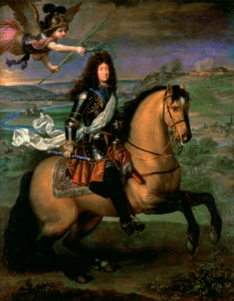 Pierre Mignard, Ritratto equestre di Luigi XIV coronato dalla vittora, 1692c., Château de Versailles, Versailles. La composizione del ritratto è esattamente la stessa del precedente, ma il sovrano indossa un'armatura dei suoi tempi.