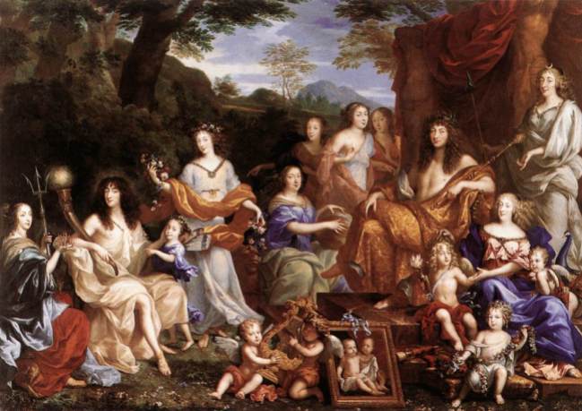Jean Nocret, la famiglia di Luigi XIV, 1670, Château de Versailles, Versailles. In questo ritratto di gruppo tutta la famiglia di Luigi è raffigurata nelle vesti di divinità dell'Olimpo, il re naturalmente sotto forma di Apollo