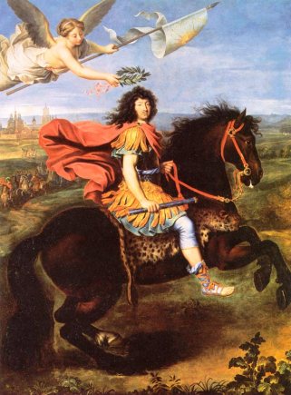 Pierre Mignard, Ritratto equestre di Luigi XIV coronato dalla vittoria dopo il trattato di Maastrischt del 1673 (particolare). In questo ritratto, il re è abbigliato come un antico romano.